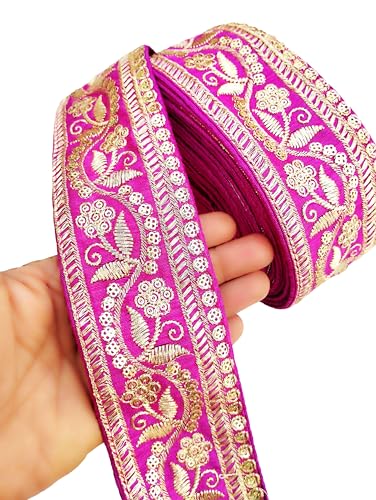 Image of Embroidery Gold Work with Sequence Design Lace Border Falls for Saree, Kurti, Dresses, Bandhani, Lehenga, Decorative Ribbon (6.5 cm Width) (6 Meter, Pink)