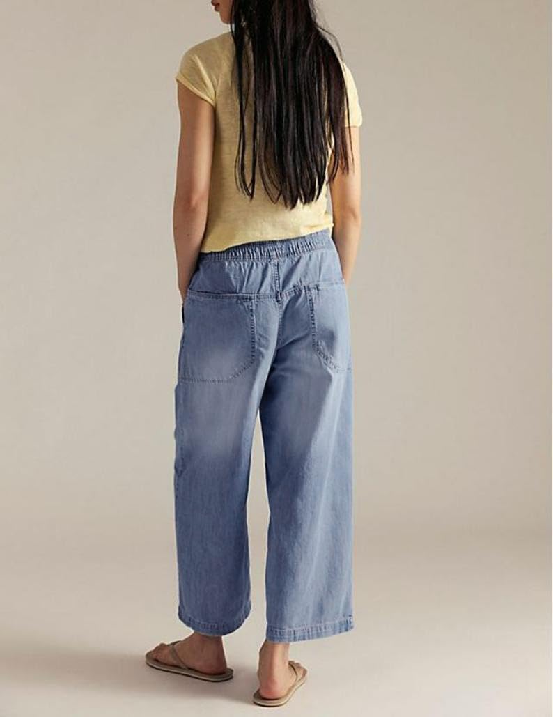 yoeasy Womens Wide Leg Jeans Mid Rise Elastic Drawstring Straight Leg Baggy Casual Ankle Denim Pants with Pockets - Image 3