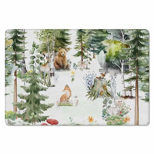 Forest Antifatigue Kitchen Bath Door Mat Cushioned Runner Rug,Washable Welcome Floor Sink Mat,Waterproof & Non-Slip Kitchen Standing Doormat,Bear Fox Bunny Dear Eucalyptus Flower Watercolor 18