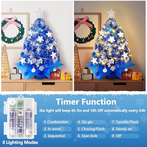 Image of 2FT Mini Christmas Tree, Blue Tabletop Christmas Tree, Prelit Small Christmas Tree with 60 LED Lights, 100 Lifelike Branches, 73 Ornaments, Artificial Xmas Tree for Home Indoor Decor