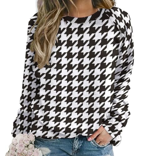TZTTZT Houndstooth Black And White Print Sweatshirt for Women Crewneck Fall Winter Fashion Outfits Long Sleeve Tops 2025, Multicolor, Large