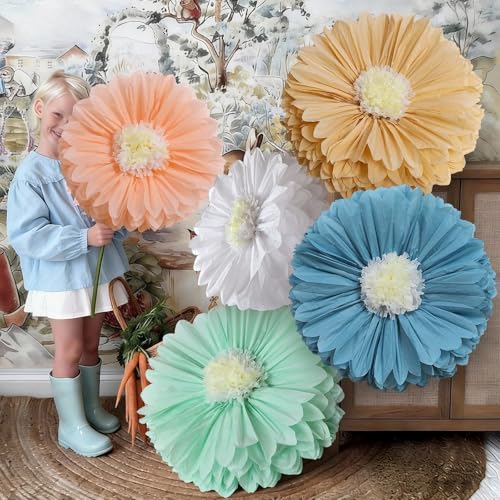 Image of Chunful 5 Pcs 30'' 24'' Gaint Boho Tissue Paper Flowers Decoration Handcrafted Large Hanging Tissue Paper Pom Poms Decor for Birthday Bachelorette Wedding Baby Shower Bridal Shower Party Decoration