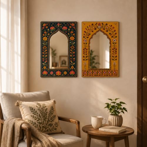 Image of American Elm Pack of 2 Jharokha Mirror Wall Decor for Home Decor Living Room Bedroom and Entryway Indian Floral Arch Acrylic Mirror Wall Hanging Ready to Hang