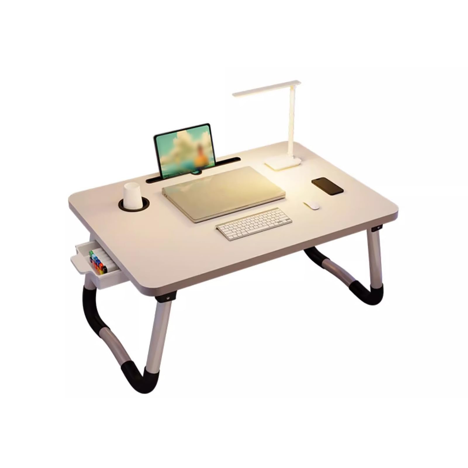 Rengue Tavolo Pieghevole da Letto per Laptop con Portabicchieri Cassetto, Nessun Montaggio Necessario per Divano, Pavimento, Lettura, Scrittura, Mangiare
