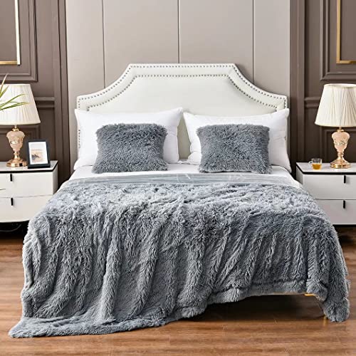 YUSOKI Grey Queen Faux Fur Blanket,2 Layers,Queen90" x 90" Without Pillows Big Soft Plush Fuzzy Large Warm Fluffy Gray Throw Blanket for Bed