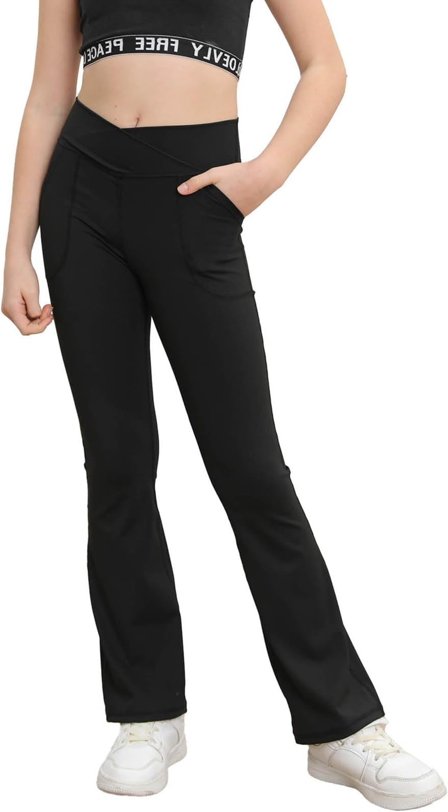 Girl's Leggings Cross High Waisted Flare Pants Yoga Bootcut Pants Solid Color Full Length Bell Bottoms