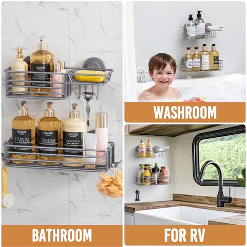 Image of LEVERLOC Shower Caddy Suction Cup, 2 Pack Shelves for Inside with Hooks | Grey Shower Storage, Soap Holder, Shampoo Holder, NO Drill Shower Holder, Rustproof Meatl Bathroom Basket