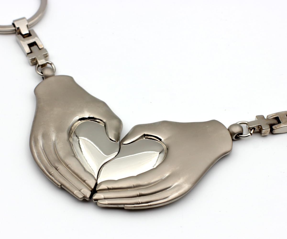 Juego de 2 llaveros para pareja, manos con corazón, acero inoxidable, regalo para parejas, amigos, aniversario, día de San Valentín, grabado opcional, forma de mano con corazón dividido