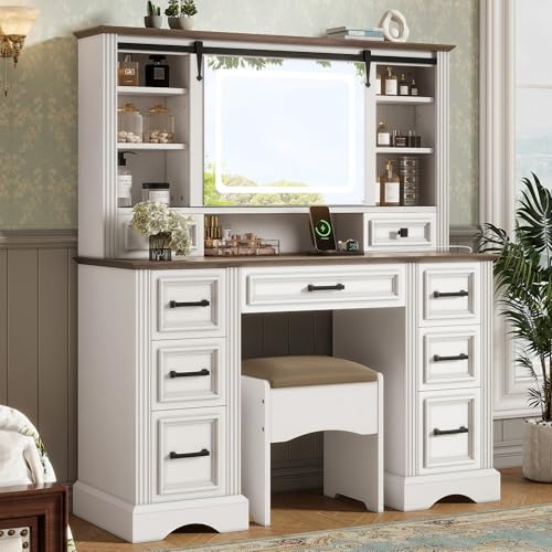 Image of JIVOIT Farmhouse Makeup Vanity Desk with Sliding Mirror and Storage, 47.2 inch Large Vanity Set with Storage Stool, Dressing Table with 9 Drawers, Easy Assembly