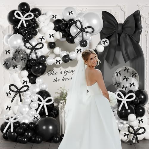 Image of Black and White Balloon Arch Kit, JOGAMS 199Pcs Bow Balloon Arch Kit with 260 Clear Pearl White Balloons Ribbon Bow for Coquette Bow Theme Birthday Bachelorette Baby Shower Bridal Shower Wedding