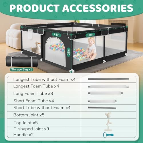 Image of Baby Playpen 74x50 Inch for Babies and Toddlers Indoor & Outdoor | Large Baby Play Yard, Safe & Sturdy, Easy-Assembly, Non-Slip, Easy to Clean, Black, Lightweight, External Zipper Door