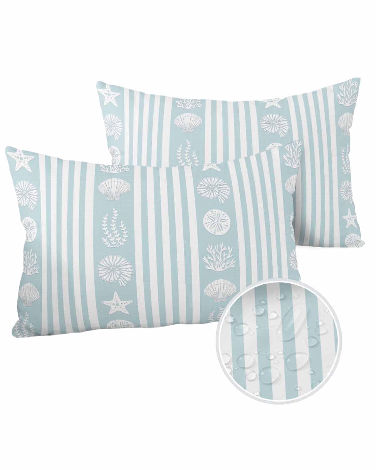 Boanket Lumbar Pillow Covers 12 x 20 in, Sky Blue Striped Coastal Waterproof Throw Pillow Cover Set of 2, Nautical Beach Starfish Shell Home Decorative Rectangle Cushion Covers for Patio/Couch/Garden