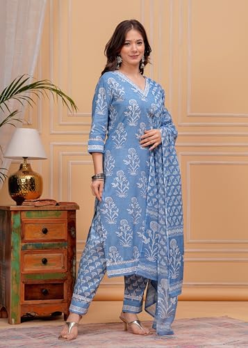 Image of MEERA FAB Women's Cotton Blend Straight Printed Kurta with Palazzo & Dupatta