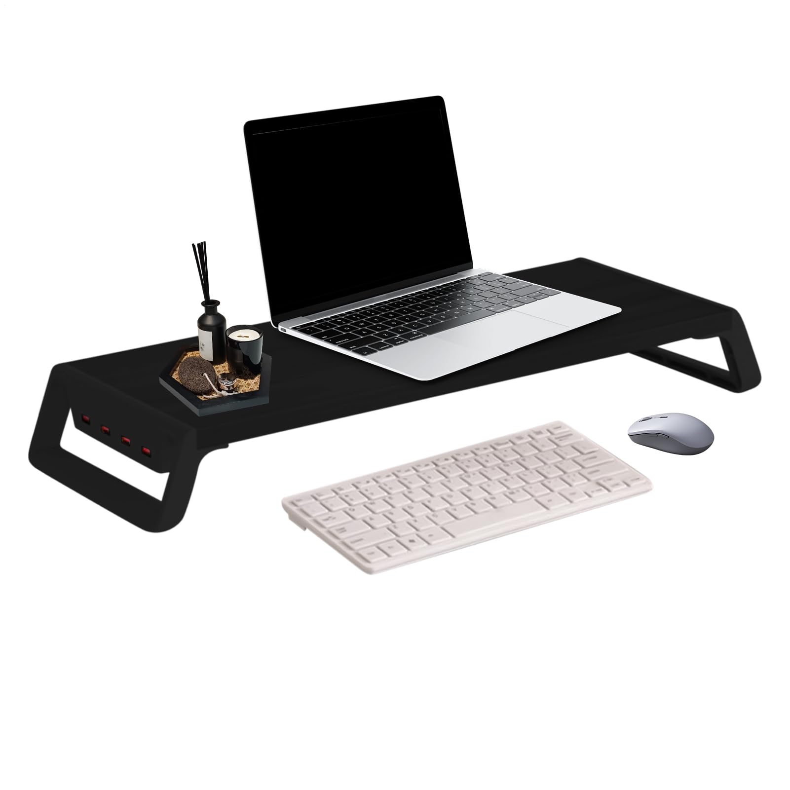 Organizer per monitor | con 4 porte USB per ufficio, mensola di supporto per monitor in legno, per ufficio, casa, scuola, appartamento, università, dormitorio, studio