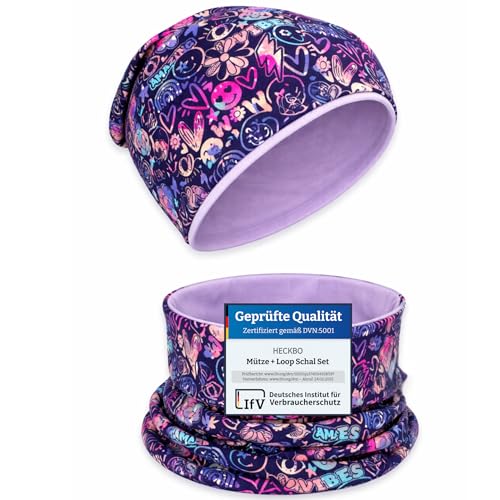 HECKBO Kinder Mütze & Loop Schal Set Flower Power Blume 95% Baumwolle Jersey weiches & pflegeleichtes Stretch Material Übergangszeit Größe 4854 cm