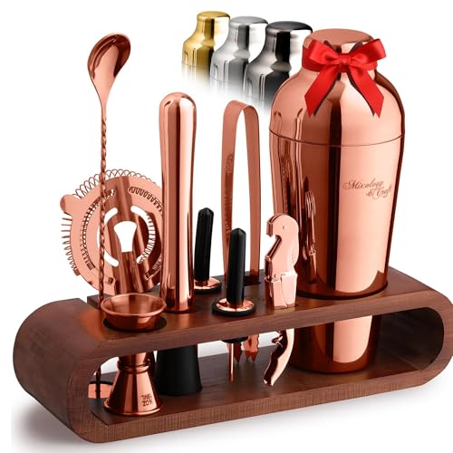 Mixology & Craft Bartender Kit: 10-Piece Cocktail Shaker Set with Dark Bamboo Stand | Complete Cocktail Kit Gift Set | Top Bartender Gifts for Men & Women | Leak-Proof Design (Copper)