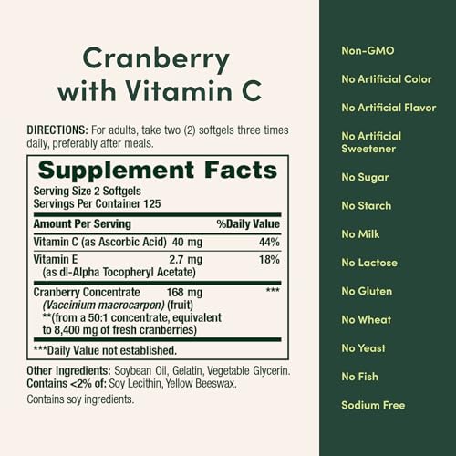 Nature's Bounty Cranberry Pills for Women Urinary Tract Health, Cranberry Supplements with Concentrate & Vitamin C, 250 Softgels (Pack of 1) - Image 6