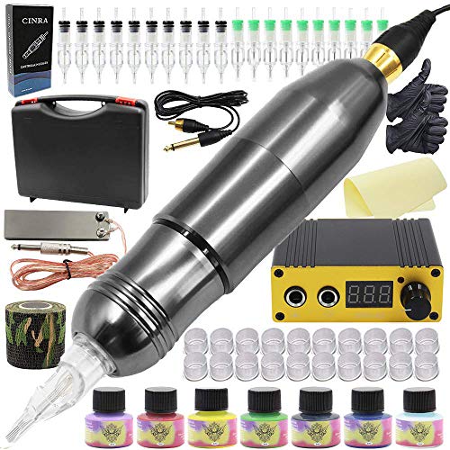 Cartridge Tattoo Machine Kit, CINRA Tattoo Cartridge Pen Machine Kit with Tattoo Machine pen 7 Ink Tattoo Power Supply Foot Pedal Cartridge Tattoo Needles Lining Shading Permanent Makeup Tattoo Supply