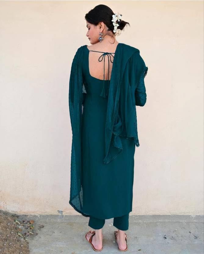 Image of Anveri Textiles Women's Cotton Blend Kurti with Square Neck Long Sleeves Solid Pattern A Line Style Ankle Length and Dupatta Set
