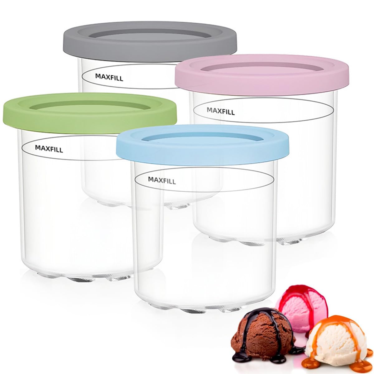 4er Set Eiscreme Becher mit Deckel, 16oz Wiederverwendbare Behälter passend zu NC300EU/NC301EU/NC299AMZ, BPA-frei, Spülmaschinenfest, Auslaufsicher, Farbige Deckel