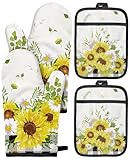Miss Adola Cotton Oven Mitts and Pot Holders Sets - Quilted Lining Heat Resistant 4 Pieces Set with Hanging Loop Cute Farmhouse Boho Spring Kitchen Decor and Accessories, Plaid Sunflower