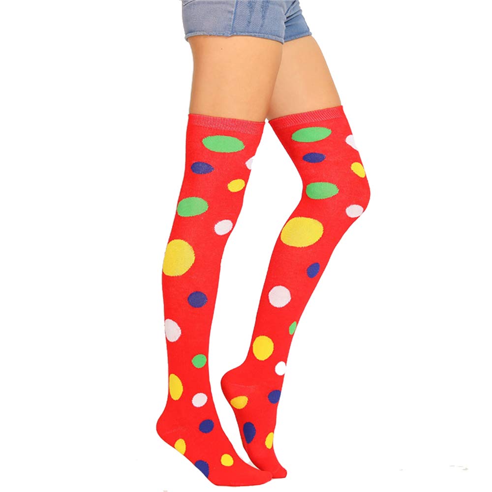 Benefeet SoxRed Thigh High Socks for Women Girls Novelty Halloween Socks Gifts Christmas Over Knee High Socks Santa Cosplay Costume Witch Socks Funny Colorful Polka Dot Cute Clown Long Socks