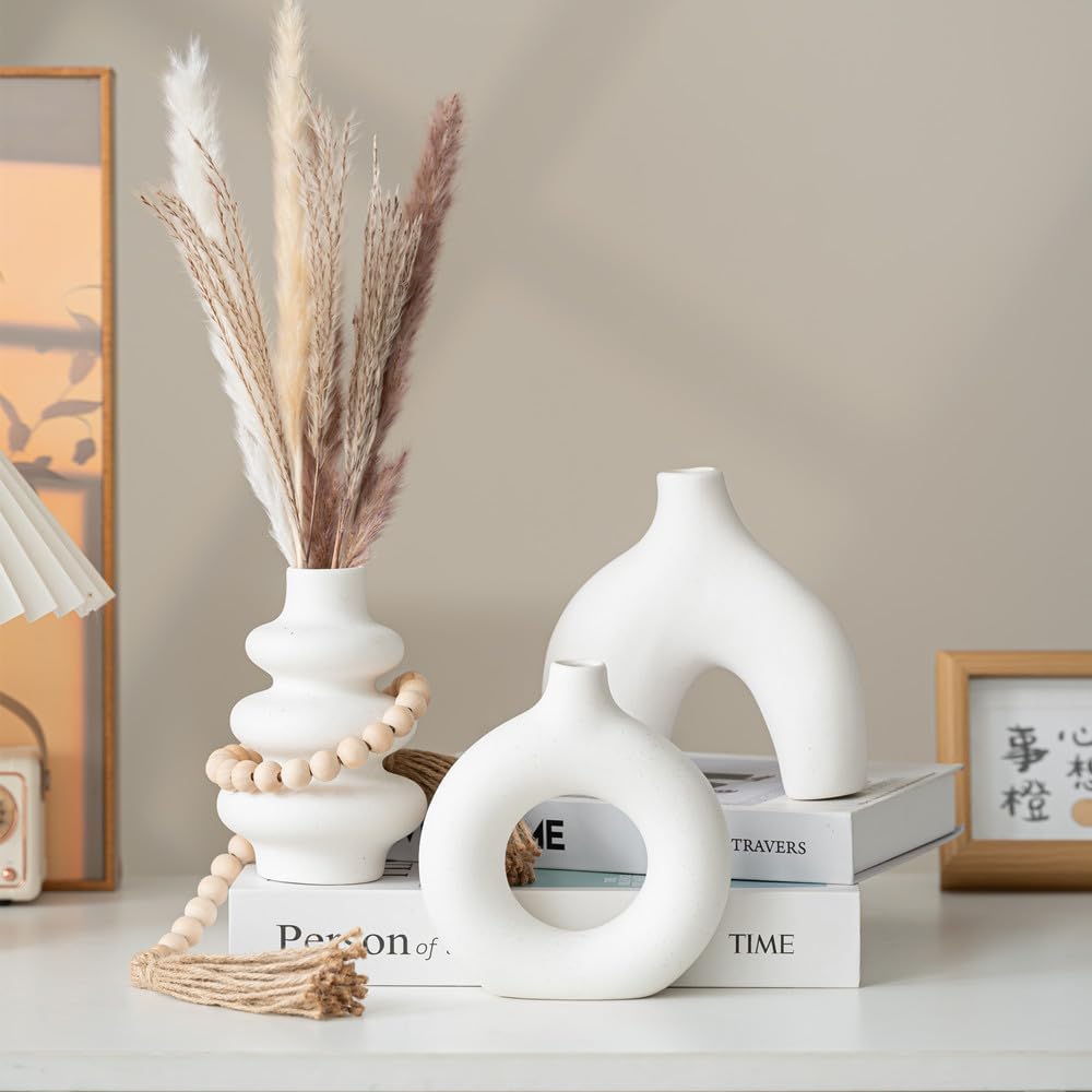 White Ceramic Vase Set of 3 – White Wooden Beads,Small Modern Vases for Pampas Grass, Eucalyptus or Flowers – Round Donut & Boho Vases for Minimalist Home Decor (White Set)
