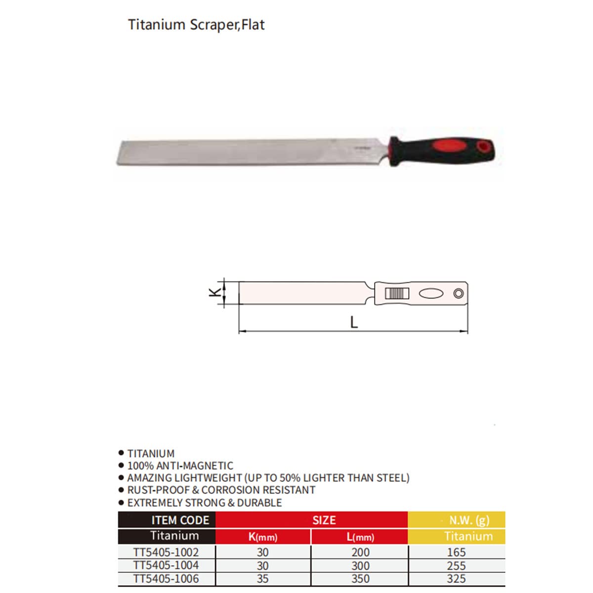 WEDO Rascador de titanio,forma plana,mango de plástico con mango largo,raspador de pared deVidrio de limpieza,herramientas de pelado de pintura,100% antimagnético,tamaño 30x200mm