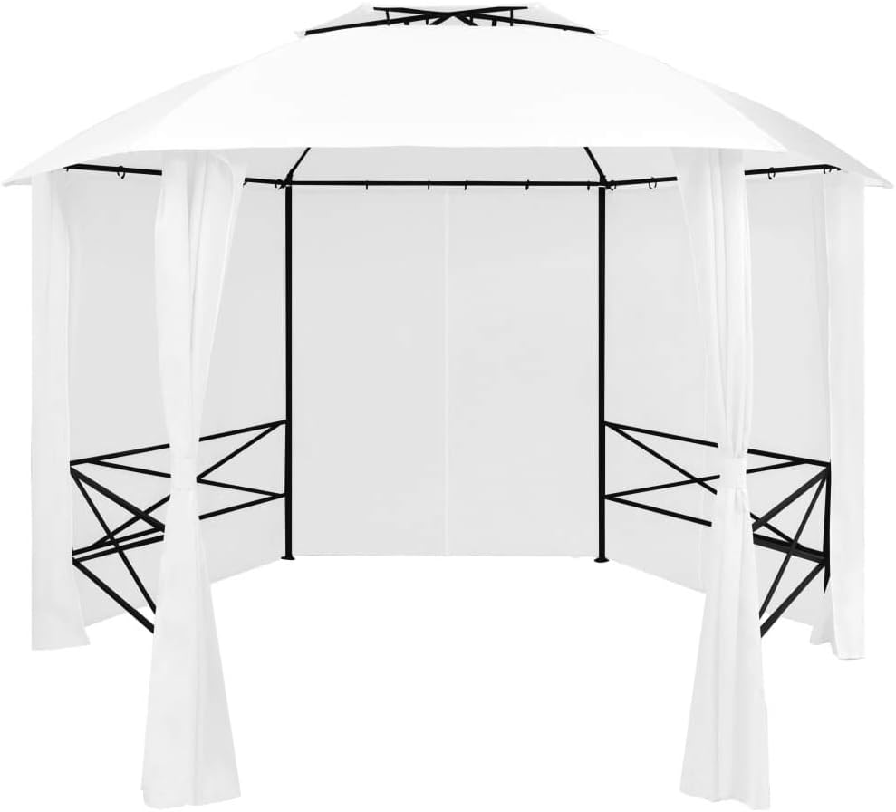 vidaXL Canopy, Patio Pavilion with Curtains, Outdoor Hexagonal Gazebo with Steel Frame, Party Tent Sun Shelter for Garden Backyard Beach