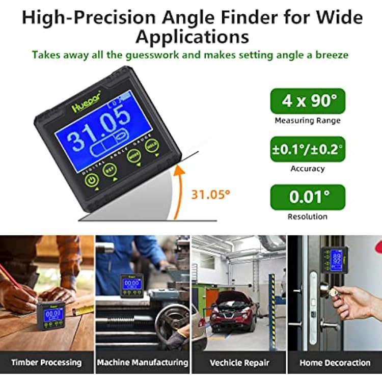 Huepar Digital Angle Gauge Protractor, Electronic Bubble Angle Finder Dual Axis Level Box 0.01 Resolution V-Groove Magnetic Base&LCD Inclinometer Bevel Gauge with Audible Alert -Measures 0~360 AG03