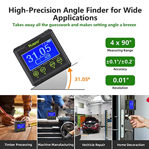 Huepar Digital Angle Gauge Protractor, Electronic Bubble Angle Finder Dual Axis Level Box 0.01° Resolution V-Groove Magnetic Base&LCD Inclinometer Bevel Gauge with Audible Alert -Measures 0~360° AG03
