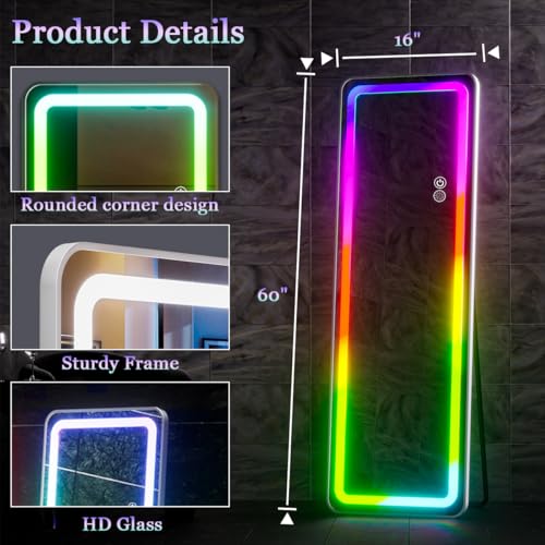 Image of Koonmi Full Length Mirror with LED Lights, 60 inchx16 inch Lighted Mirror with Remote Control, RGB Color Changing Lights, 7 Dynamic Modes, Dimmable Brightness