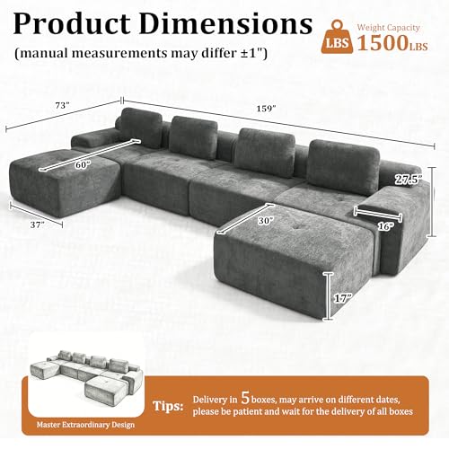 Image of 159 inch U-Shaped Modular Sectional Sofa, Oversized Boneless Cloud Couch for Living Room with Extra Deep Seat & High Back, Tool-Free No Assembly, Soft Chenille (Dark Grey, 159 inch-U Shaped（4+2）)