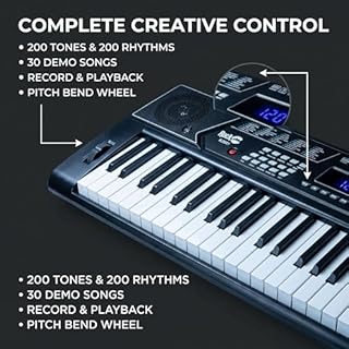 RockJam 61 Key Keyboard Piano Stand With Pitch Bend Kit, Piano Bench, Headphones, Simply Piano App & Keynote Stickers