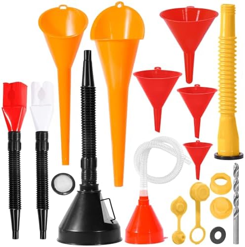 17 Pcs Automotive Funnels Set & Gas Can Spout Replacement, Plastic Long Neck Oil Funnel for Automotive and Kitchen Use, Flexible Right Angle Funnels,Wide Mouth Fuel Funnels Gasoline