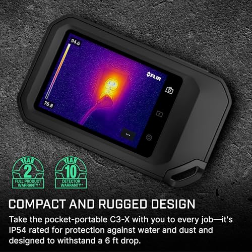 Image of FLIR C3-X Compact Thermal Imaging Camera with WiFi, High Resolution Infrared Imager for Inspection, Electrical, Mechanical, Building, and HVAC Applications | -20 to 300C, 12,288 pixels, 5MP visual, LED flashlight, Ignite cloud, 2 batteries, charger, case