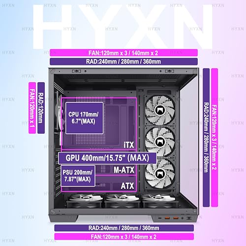 H1 ATX PC-behuizing – vooraf geïnstalleerde 7 PWM ARGB ventilatoren, dual kamer Mid Tower Gaming pc-behuizing, met Type-C, gelijktijdige installatie van 3 x 360 mm koeler (zwart, H1) - Afbeelding 5