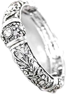 Artisanal Designer Antique Silver Floral Filigree CZ Crystals Stretch Bracelet