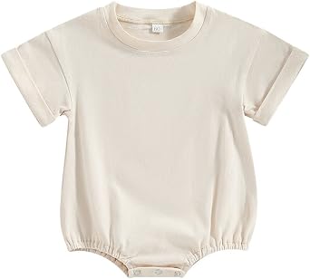Unisex Baby Boys Girls Short Sleeve Bubble Romper Solid Color Oversized T-Shirt Bodysuit Top Basic Summer Clothes