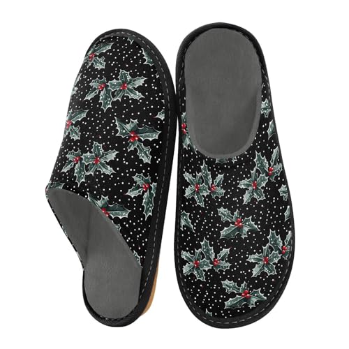 Slippers for Women Polka Dot Holly Leave Pattern Soft Winter Warm Shoes Indoor Outdoor Non-Slip House Travel Slippers