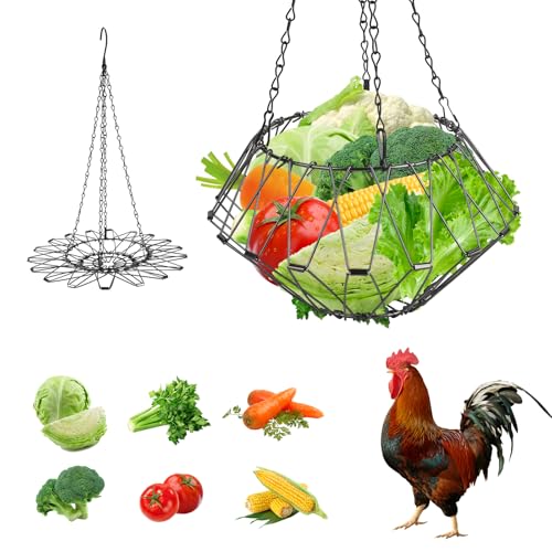 Hanging Chicken Feeder, Foldable Chicken Vegetable and Fruit Food Dispenser, Poultry Feeding Basket with 4 Hanging Chains, Poultry Feeding Vegetable Fast Food Ball (1 Pack)