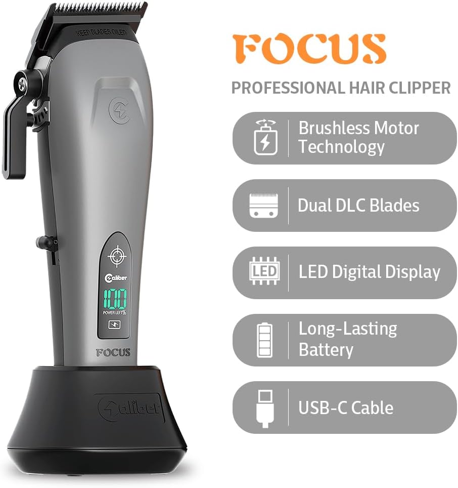 Caliber Pro Focus Hair Clipper, Brushless Motor, 8 Guards, LCD Display, Black & Orange