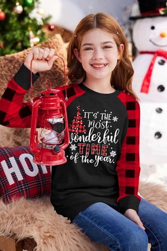 Image of BesserBay Girl's Christmas Buffalo Plaid Raglan Top Funny Holiday Graphic Shirt 4-14 Years