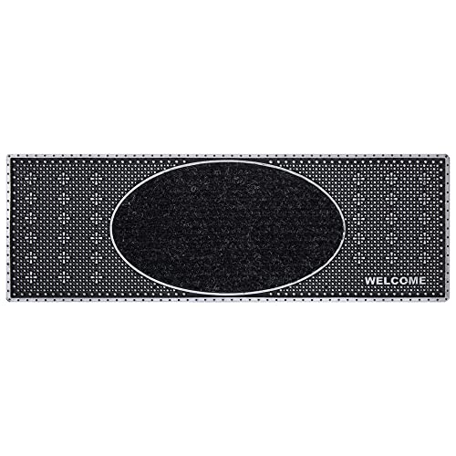 Ottomanson Indoor/Outdoor Hose-Wash Welcome Design Non-Slip Rubber 10" X 30" Modern Outdoor Rubber Stair Treads For Wooden Stairs, Outdoor Stairs, Garage, Patio, 5 Pack, Black/Silver #TOP8