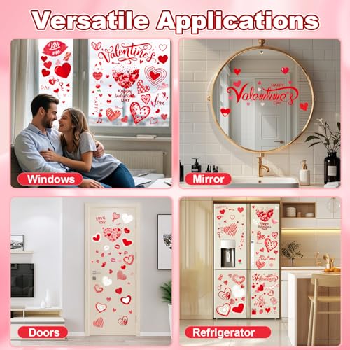 Image of 9 Sheets Valentine Window Clings, Valentines Day Decorations Heart Decor | Valentine's Day Window Decals, Red Heart Stickers for Home Office Classroom Romantic Cupid Decals Decor for Party Date Nights