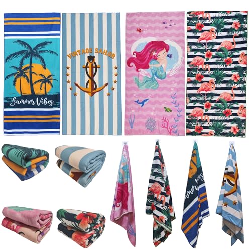 Image of stampringt Extra Large Cute Stripe Flamingo Mermaid Beach Towels Set of 4 Pack for Adult, Big Oversized Thick Microfiber Terry Cloth Sandproof Quick Dry 30 x 60