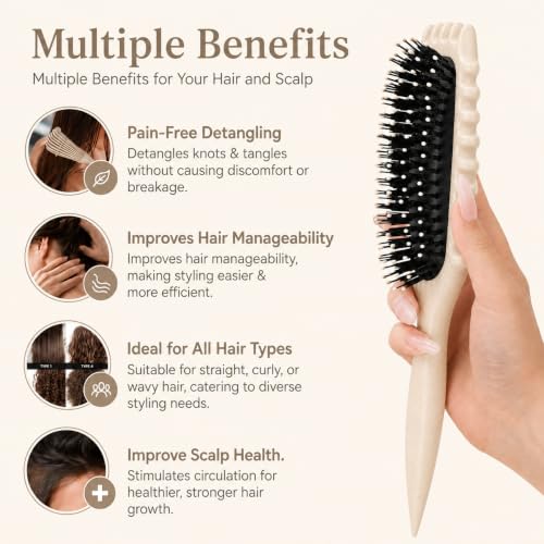 Image of Curly Curved Vented Hair Brush for Women & Men | Hollow Airflow Comb | Flexible Detangling Bristles with Comfortable Grip Handle | Blow-Dry Support & Scalp Massage Brush (Beige)
