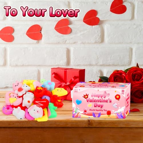 Valentines Day Gifts for Kids - 30 Pack Valentines Mochi Squishy Toys, Mini Kawaii Squishies Fidget Toys Prizes for Kids School Classroom Party Favors and Valentines Day Decor - 9