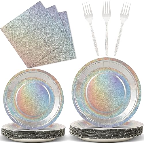Image of 96 Pcs Iridescent Birthday Tableware Set Iridescent Party Supplies Decorations Holographic Foil Paper Plates and Napkins for Bachelorette Wedding Y2K Disco 24 Guest Birthday Party Favor