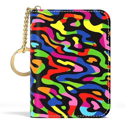Image of Aiawoxc Credit Card Holder, Small RFID Wallet Slim Leather Card Organizer Case with Zipper and Keychain, Abstract Rainbow Art